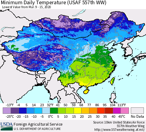 China, Mongolia and Taiwan Minimum Daily Temperature (USAF 557th WW) Thematic Map For 3/9/2020 - 3/15/2020