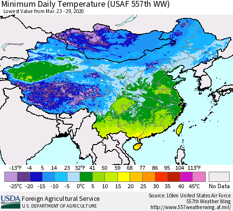 China, Mongolia and Taiwan Minimum Daily Temperature (USAF 557th WW) Thematic Map For 3/23/2020 - 3/29/2020