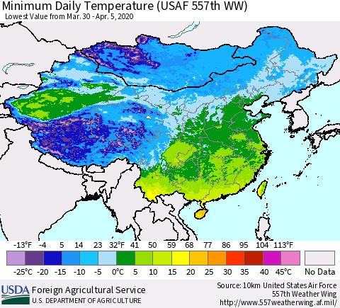 China, Mongolia and Taiwan Minimum Daily Temperature (USAF 557th WW) Thematic Map For 3/30/2020 - 4/5/2020