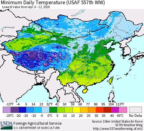 China, Mongolia and Taiwan Minimum Daily Temperature (USAF 557th WW) Thematic Map For 4/6/2020 - 4/12/2020
