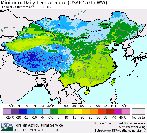 China, Mongolia and Taiwan Minimum Daily Temperature (USAF 557th WW) Thematic Map For 4/13/2020 - 4/19/2020