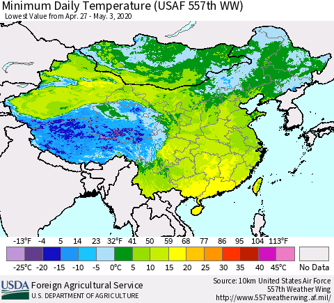 China, Mongolia and Taiwan Minimum Daily Temperature (USAF 557th WW) Thematic Map For 4/27/2020 - 5/3/2020