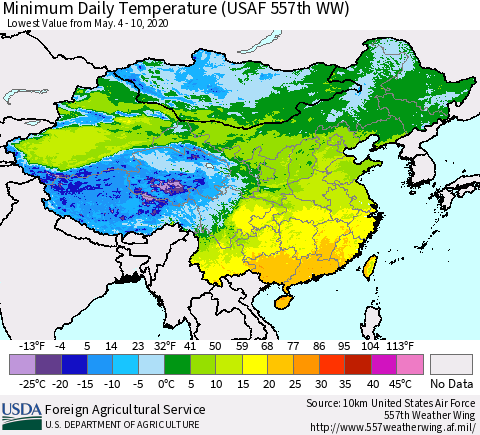 China, Mongolia and Taiwan Minimum Daily Temperature (USAF 557th WW) Thematic Map For 5/4/2020 - 5/10/2020