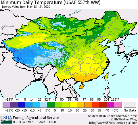 China, Mongolia and Taiwan Minimum Daily Temperature (USAF 557th WW) Thematic Map For 5/18/2020 - 5/24/2020