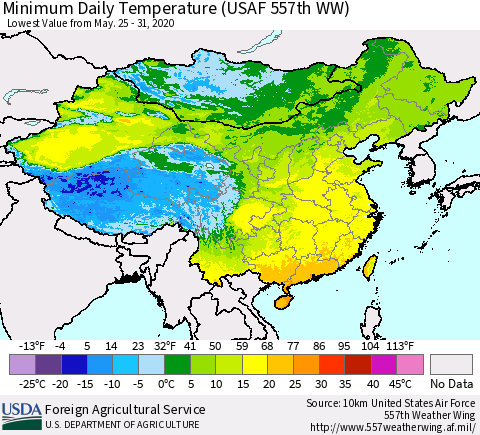 China, Mongolia and Taiwan Minimum Daily Temperature (USAF 557th WW) Thematic Map For 5/25/2020 - 5/31/2020
