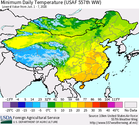 China, Mongolia and Taiwan Minimum Daily Temperature (USAF 557th WW) Thematic Map For 6/1/2020 - 6/7/2020