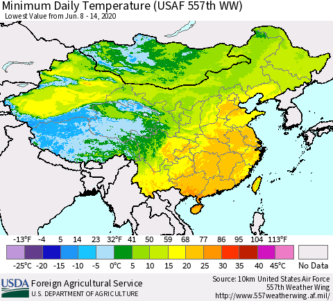 China, Mongolia and Taiwan Minimum Daily Temperature (USAF 557th WW) Thematic Map For 6/8/2020 - 6/14/2020