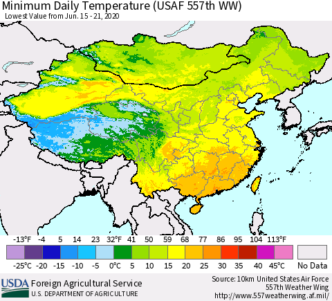China, Mongolia and Taiwan Minimum Daily Temperature (USAF 557th WW) Thematic Map For 6/15/2020 - 6/21/2020