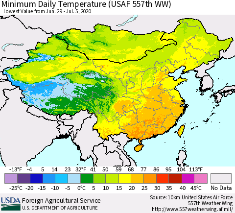 China, Mongolia and Taiwan Minimum Daily Temperature (USAF 557th WW) Thematic Map For 6/29/2020 - 7/5/2020