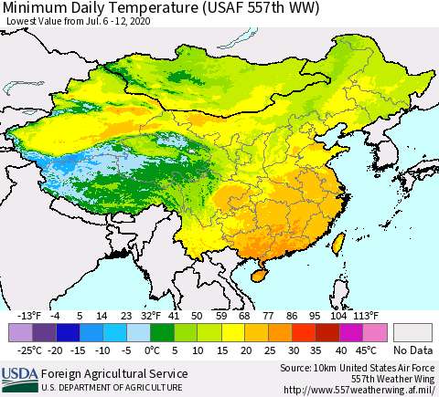 China, Mongolia and Taiwan Minimum Daily Temperature (USAF 557th WW) Thematic Map For 7/6/2020 - 7/12/2020