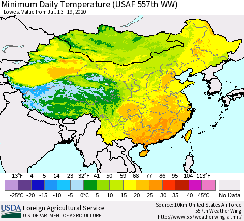 China, Mongolia and Taiwan Minimum Daily Temperature (USAF 557th WW) Thematic Map For 7/13/2020 - 7/19/2020