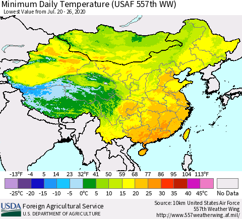 China, Mongolia and Taiwan Minimum Daily Temperature (USAF 557th WW) Thematic Map For 7/20/2020 - 7/26/2020