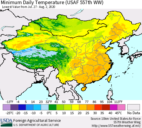 China, Mongolia and Taiwan Minimum Daily Temperature (USAF 557th WW) Thematic Map For 7/27/2020 - 8/2/2020