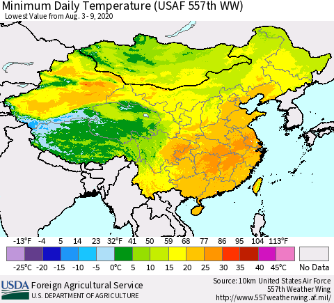 China, Mongolia and Taiwan Minimum Daily Temperature (USAF 557th WW) Thematic Map For 8/3/2020 - 8/9/2020