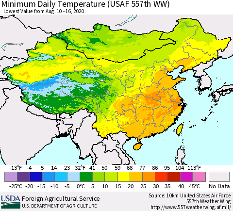 China, Mongolia and Taiwan Minimum Daily Temperature (USAF 557th WW) Thematic Map For 8/10/2020 - 8/16/2020