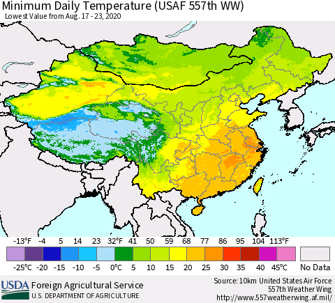 China, Mongolia and Taiwan Minimum Daily Temperature (USAF 557th WW) Thematic Map For 8/17/2020 - 8/23/2020
