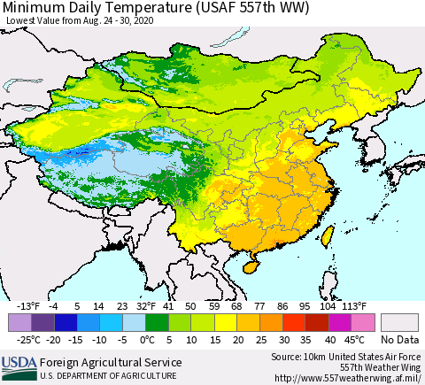 China, Mongolia and Taiwan Minimum Daily Temperature (USAF 557th WW) Thematic Map For 8/24/2020 - 8/30/2020