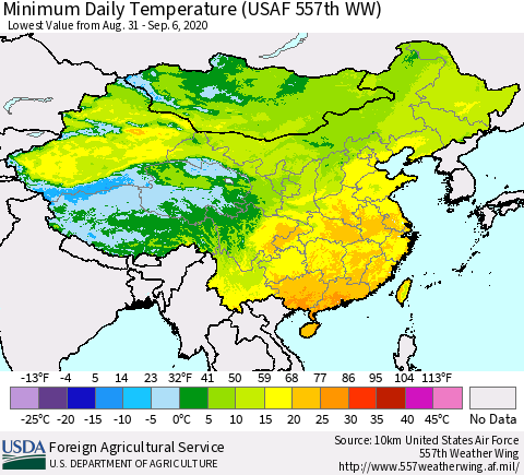 China, Mongolia and Taiwan Minimum Daily Temperature (USAF 557th WW) Thematic Map For 8/31/2020 - 9/6/2020