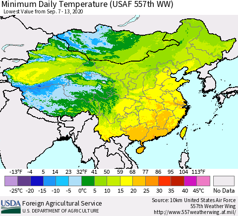 China, Mongolia and Taiwan Minimum Daily Temperature (USAF 557th WW) Thematic Map For 9/7/2020 - 9/13/2020