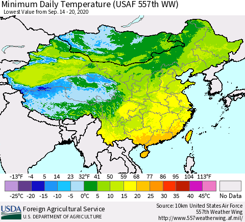 China, Mongolia and Taiwan Minimum Daily Temperature (USAF 557th WW) Thematic Map For 9/14/2020 - 9/20/2020