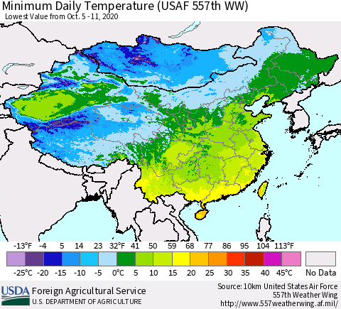 China and Taiwan Extreme Minimum Temperature (USAF 557th WW) Thematic Map For 10/5/2020 - 10/11/2020