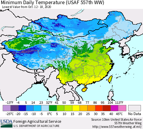China and Taiwan Extreme Minimum Temperature (USAF 557th WW) Thematic Map For 10/12/2020 - 10/18/2020