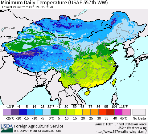 China and Taiwan Extreme Minimum Temperature (USAF 557th WW) Thematic Map For 10/19/2020 - 10/25/2020