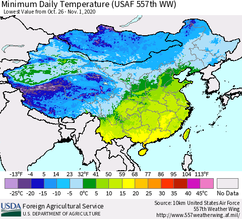 China and Taiwan Extreme Minimum Temperature (USAF 557th WW) Thematic Map For 10/26/2020 - 11/1/2020