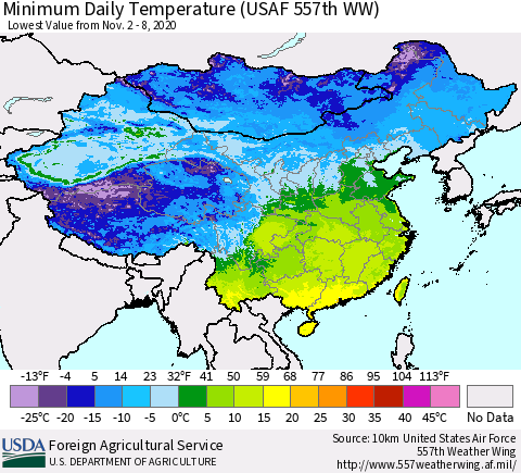 China and Taiwan Extreme Minimum Temperature (USAF 557th WW) Thematic Map For 11/2/2020 - 11/8/2020