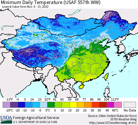 China and Taiwan Extreme Minimum Temperature (USAF 557th WW) Thematic Map For 11/9/2020 - 11/15/2020