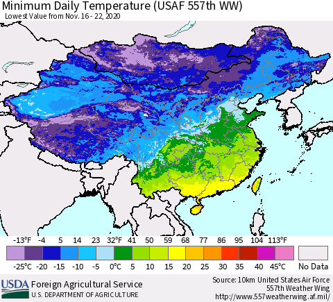 China and Taiwan Extreme Minimum Temperature (USAF 557th WW) Thematic Map For 11/16/2020 - 11/22/2020
