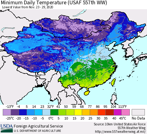 China and Taiwan Extreme Minimum Temperature (USAF 557th WW) Thematic Map For 11/23/2020 - 11/29/2020