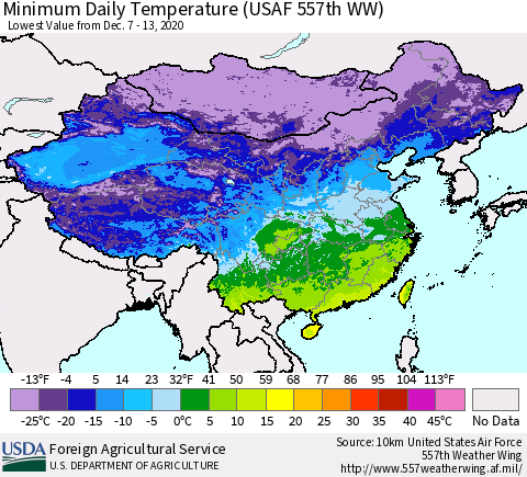 China and Taiwan Extreme Minimum Temperature (USAF 557th WW) Thematic Map For 12/7/2020 - 12/13/2020