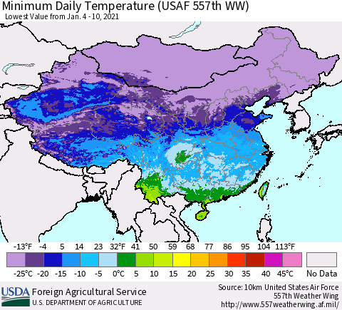 China and Taiwan Extreme Minimum Temperature (USAF 557th WW) Thematic Map For 1/4/2021 - 1/10/2021