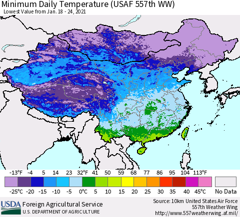 China and Taiwan Extreme Minimum Temperature (USAF 557th WW) Thematic Map For 1/18/2021 - 1/24/2021