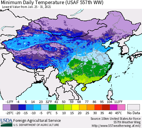 China and Taiwan Extreme Minimum Temperature (USAF 557th WW) Thematic Map For 1/25/2021 - 1/31/2021