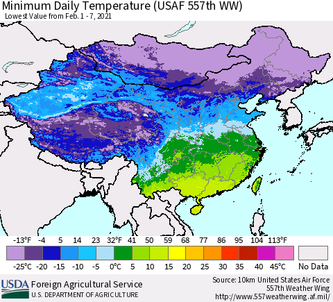 China and Taiwan Extreme Minimum Temperature (USAF 557th WW) Thematic Map For 2/1/2021 - 2/7/2021