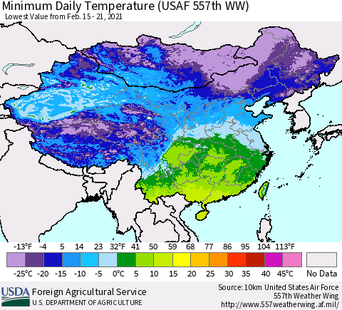 China and Taiwan Extreme Minimum Temperature (USAF 557th WW) Thematic Map For 2/15/2021 - 2/21/2021