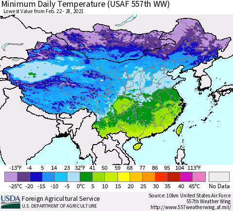 China and Taiwan Extreme Minimum Temperature (USAF 557th WW) Thematic Map For 2/22/2021 - 2/28/2021