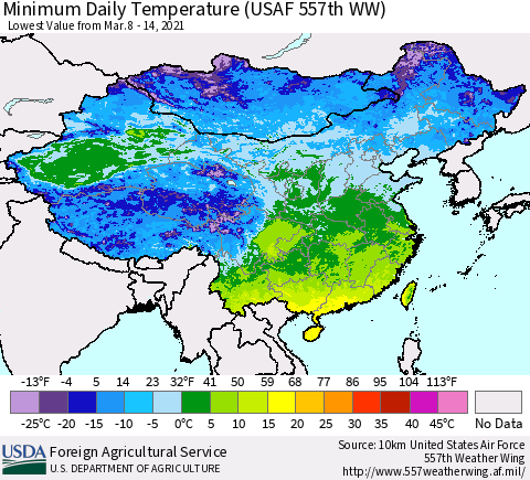 China and Taiwan Extreme Minimum Temperature (USAF 557th WW) Thematic Map For 3/8/2021 - 3/14/2021