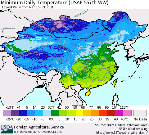 China and Taiwan Extreme Minimum Temperature (USAF 557th WW) Thematic Map For 3/15/2021 - 3/21/2021
