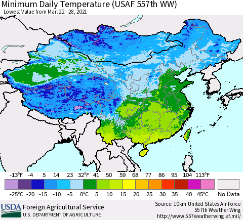 China and Taiwan Extreme Minimum Temperature (USAF 557th WW) Thematic Map For 3/22/2021 - 3/28/2021