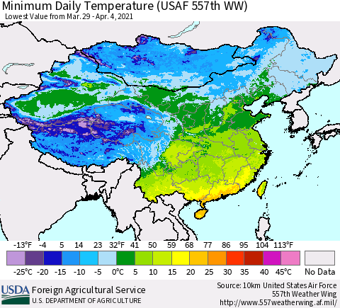 China and Taiwan Extreme Minimum Temperature (USAF 557th WW) Thematic Map For 3/29/2021 - 4/4/2021