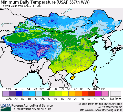 China and Taiwan Extreme Minimum Temperature (USAF 557th WW) Thematic Map For 4/5/2021 - 4/11/2021
