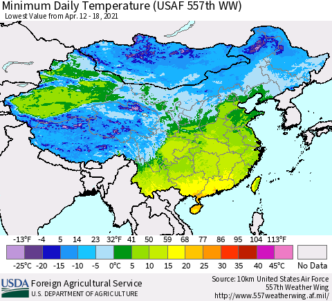 China and Taiwan Extreme Minimum Temperature (USAF 557th WW) Thematic Map For 4/12/2021 - 4/18/2021