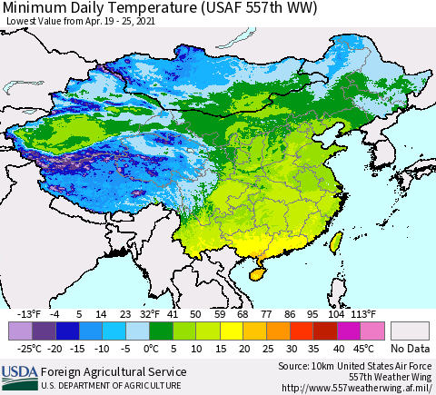 China and Taiwan Extreme Minimum Temperature (USAF 557th WW) Thematic Map For 4/19/2021 - 4/25/2021