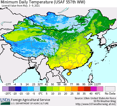 China and Taiwan Extreme Minimum Temperature (USAF 557th WW) Thematic Map For 5/3/2021 - 5/9/2021