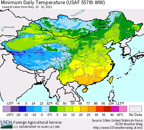 China, Mongolia and Taiwan Minimum Daily Temperature (USAF 557th WW) Thematic Map For 5/10/2021 - 5/16/2021