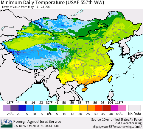 China and Taiwan Extreme Minimum Temperature (USAF 557th WW) Thematic Map For 5/17/2021 - 5/23/2021