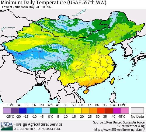 China, Mongolia and Taiwan Minimum Daily Temperature (USAF 557th WW) Thematic Map For 5/24/2021 - 5/30/2021
